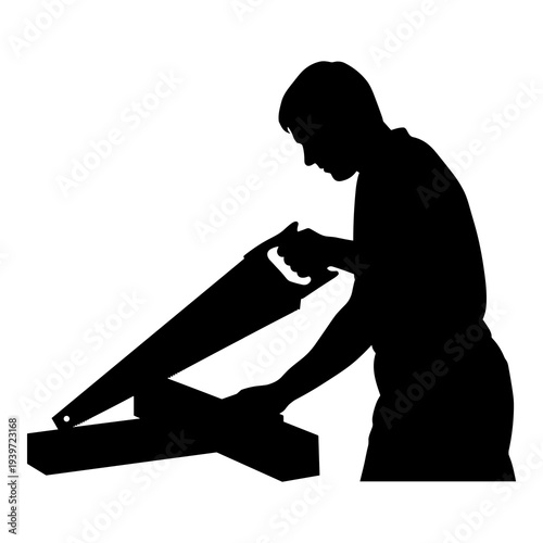 Silhouette vector graphic illustration of carpenter sawing wood with handsaw tool