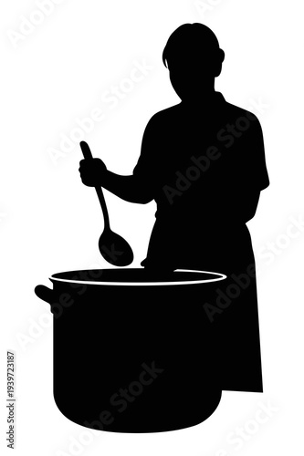 Silhouette vector graphic of a chef stirring a large cooking pot