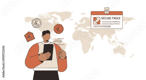 Man with smartphone checks secure transactions globally with online verification
