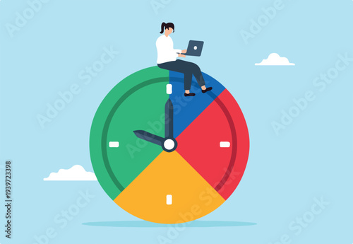 Flat illustration of businesswoman works with laptop on split time clock managing part-time job