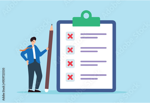 Flat illustration of HR manager hold pencil with cross mark on business checklist clipboard task failed