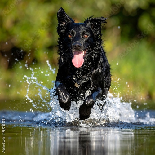 A black, wet canine happily leaps through shallow water, its expression energetic and its fur glistening