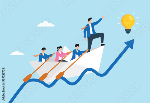 Flat illustration of business leader navigating paper boat with team on rising graph wave toward innovation and startup success