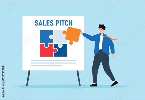 Flat illustration of confident businessman fitting final puzzle piece on whiteboard jigsaw to complete sales pitch strategy
