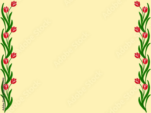Aesthetic white background with tulip decoration on the left and right side. Design for greeting cards, backgrounds, invitations, and journals.