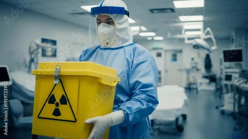 A person in blue hazmat suit holding a yellow radioactive waste bin
