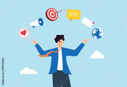 Flat illustration of businessman holds viral marketing elements promoting online advertising campaign