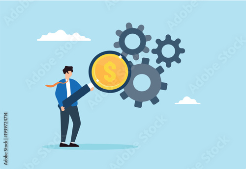 Flat illustration of businessman use magnifier to inspect dollar money from cogwheel symbolizing cost effective