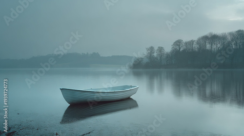 Small boat drifting on a misty lake at dawn