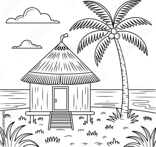 Tropical beach hut coloring page for kids