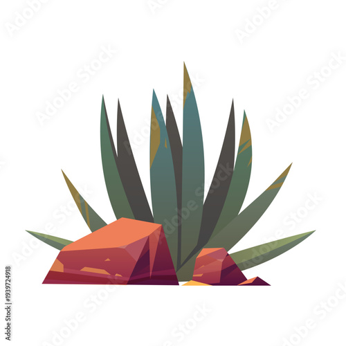 Tropical Desert Plant with Volcanic Rocks vector Illustration