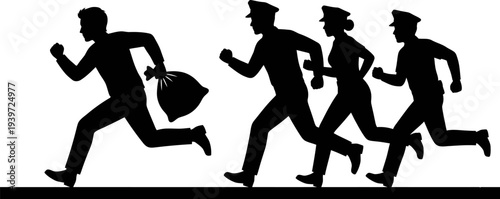 Thief running with money bag while being chased by group of police officers silhouette isolated on white background vector