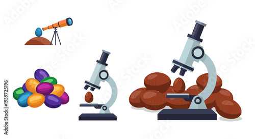 Science and Research Equipment Vector Illustration Set with Telescope, Microscopes, and Abstract Objects for Educational Graphics