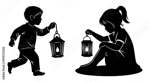 Black silhouette vector illustration of a young boy running with a lit lantern and a girl sitting holding a lit lantern, isolated on white background, for children's stories and design elements.