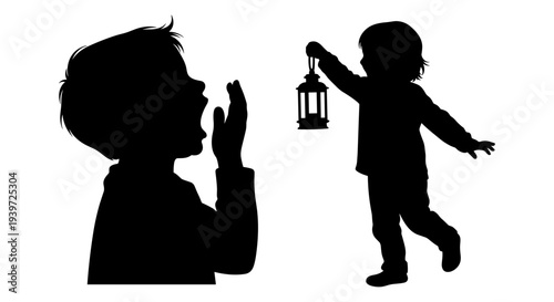 Black silhouette vector of a yawning young boy and a small child holding a lantern, isolated on a white background, depicting childhood activities and emotions.