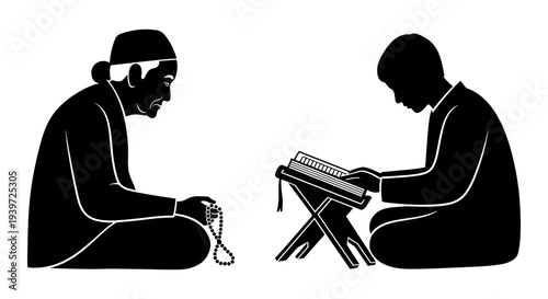 Black and white vector illustration of two Muslim men praying and reading the Quran, depicting Islamic religious devotion and study.