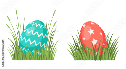 Vibrant Easter Eggs in Green Grass Vector Illustration Set: Two Decorated Eggs, One Teal with Zigzags and One Red with Stars, Perfect for Spring Holiday Designs and Celebrations