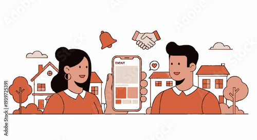 Couple using smartphone for real estate or property transaction with handshake