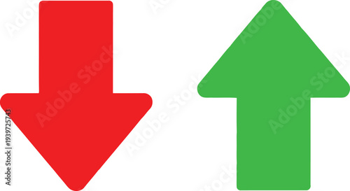 Contrasting arrows indicating opposite directional movements with red down and green up. Vector