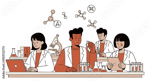 Diverse scientists in lab coats working together in a laboratory setting with various equipment