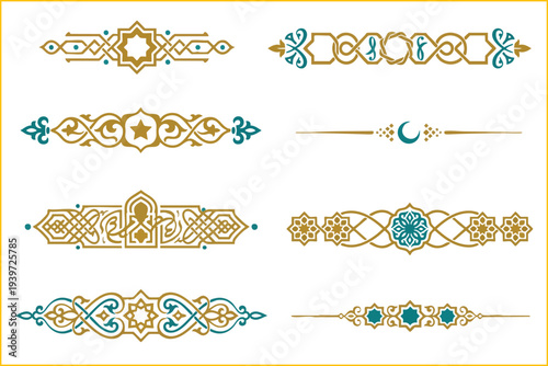 Set of elegant gold and blue Islamic arabesque vector text dividers and borders.