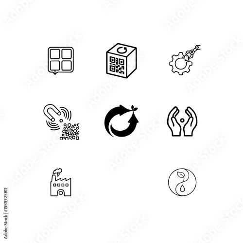 Circular economy and resource recovery linear icon set, closed-loop manufacturing, product lifecycle and waste-to-energy vector symbols