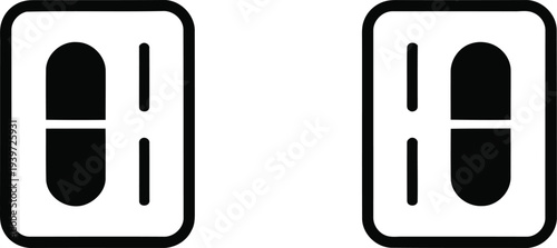Two graphical representations of a pill with a split capsule design in black and white. Vector