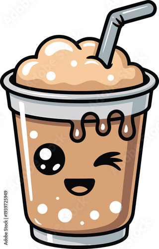 Cute kawaii chocolate milkshake with winking face cartoon illustration