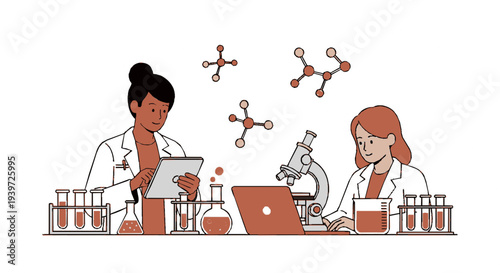 Two female scientists working together in a laboratory setting with test tubes and laptops