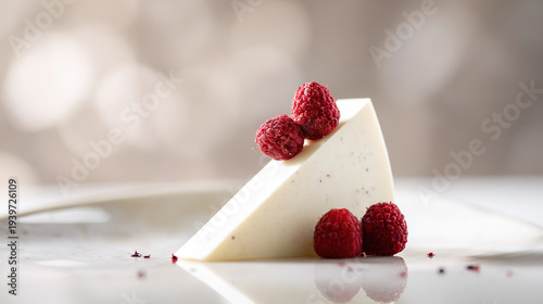 Cream Cheese Cake Slice with Fresh Raspberries on Plate