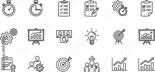 A collection of business strategy icons on a clean white background for presentations and reports