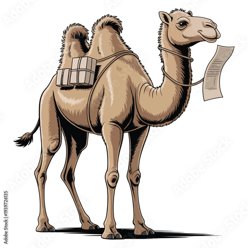 Camel with saddlebags carrying parcels on its back, holding a scroll, symbolizing travel, trade, and desert logistics in a desert landscape.