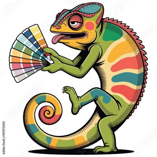 Chameleon with color palette fan, changing colors, concept for design, art, or creativity, cartoon style, isolated on white background