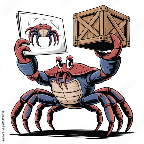 Crab character holding blueprint and wooden crate, symbolizing logistics, shipping, and engineering, funny anthropomorphic crustacean mascot with tools