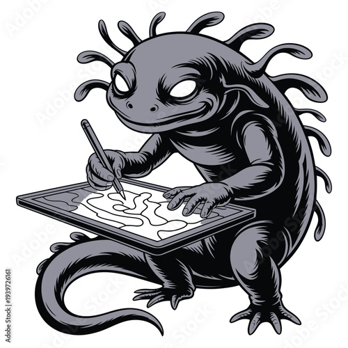 Cute cartoon axolotl creature drawing digital art on tablet with stylus pen creative designer working on new project