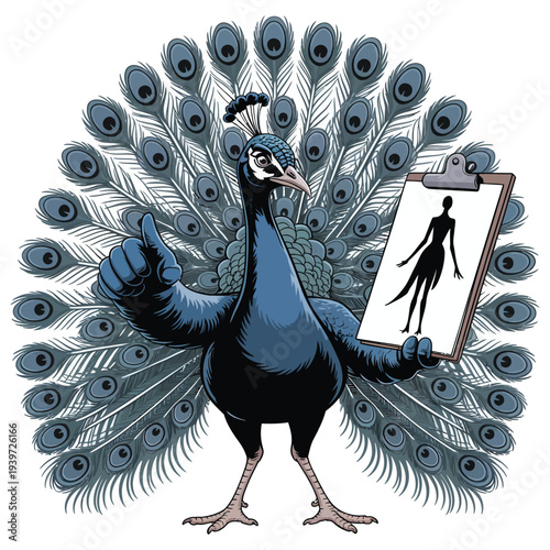 Elegant peacock displaying feathers, holding clipboard with fashion design, thumbs up gesture, style and art concept illustration