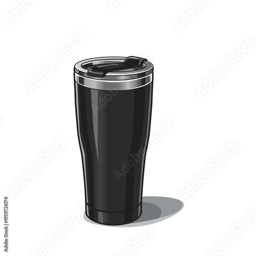 Tumbler sleek black travel mug, silver lid, ideal for onthego drinks. Perfect for marketing campaigns, promotional materials, or product showcases.