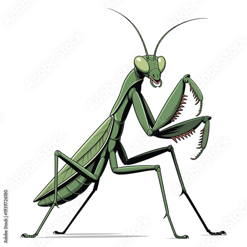 Green praying mantis insect character standing pose, cartoon illustration, predatory bug with sharp claws, entomology study subject, vector art