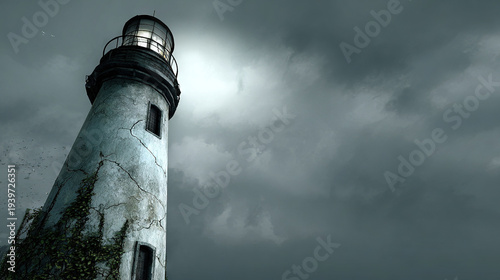 Lighthouse tower standing against a stormy sky