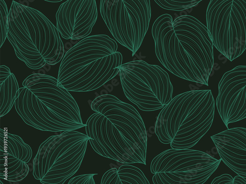 seamless floral abstract background with  leaves . Green leaves on black background. Monochrome pattern