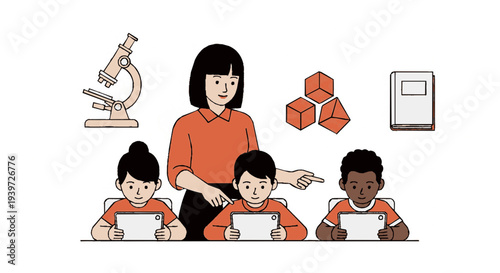 Teacher guiding students in classroom with science equipment and blocks