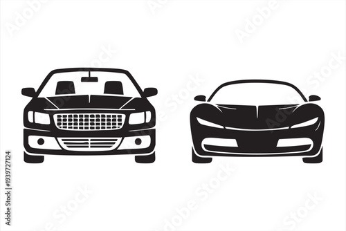 Modern sedan and luxury sports car vector illustration front view isolated on white background