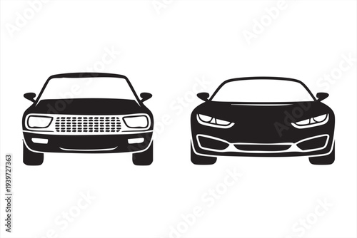 Two distinct car front views classic and modern black and white vector illustrations