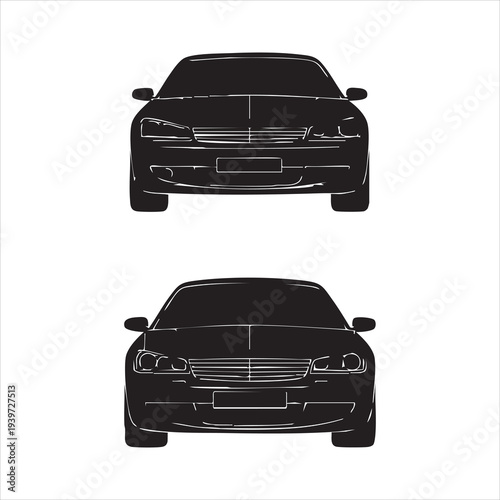 Two modern sedan car front views black and white vector silhouettes for automotive design