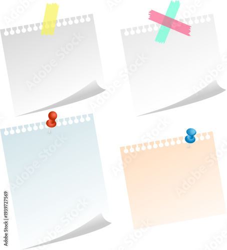 Note sheets pinned with pushpins and taped with tape