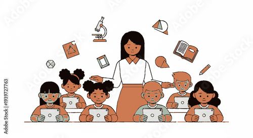 Teacher guides diverse students with educational icons floating around classroom setting with science and book learning