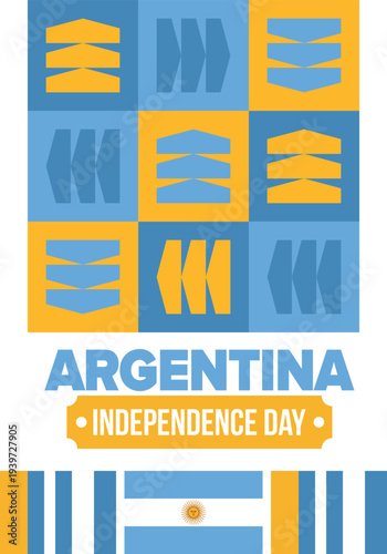 Argentina National Day. Happy holiday. Independence and freedom day. Celebrate annual. Argentina flag. Patriotic argentine design. Poster, card, banner, template, background. Vector illustration