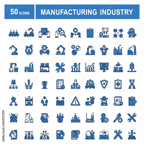 Collection of 50 manufacturing industry icons in blue