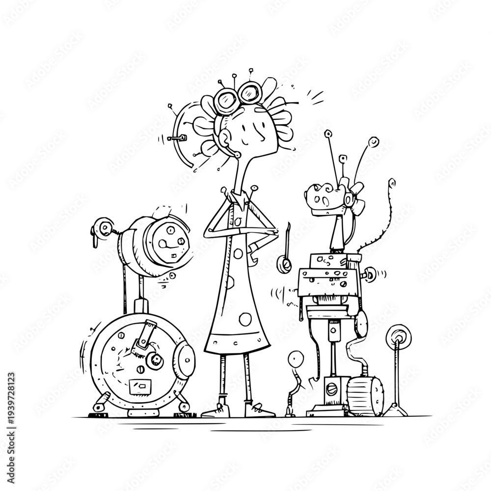 Fototapeta premium Confused Woman Standing with Robots in Workshop