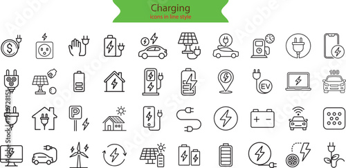 Charging web icons in line style. Charging, charging station, battery, electricity, wireless charging, electric car, collection.